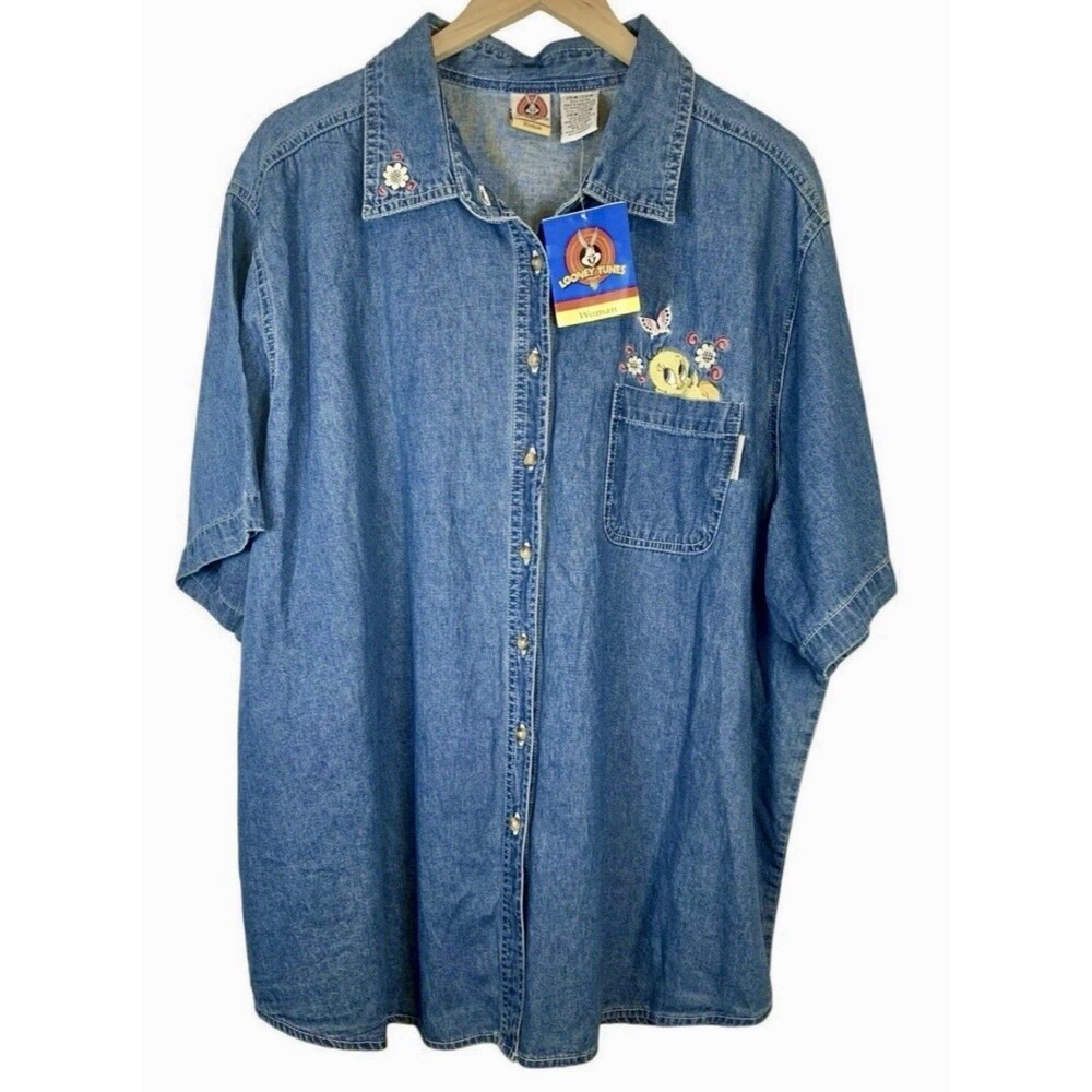 Warner Bro Looney-Tunes 1998 Chambray Embroidered Denim Button Up Shirt 26W/28W - Picture 2 of 10
